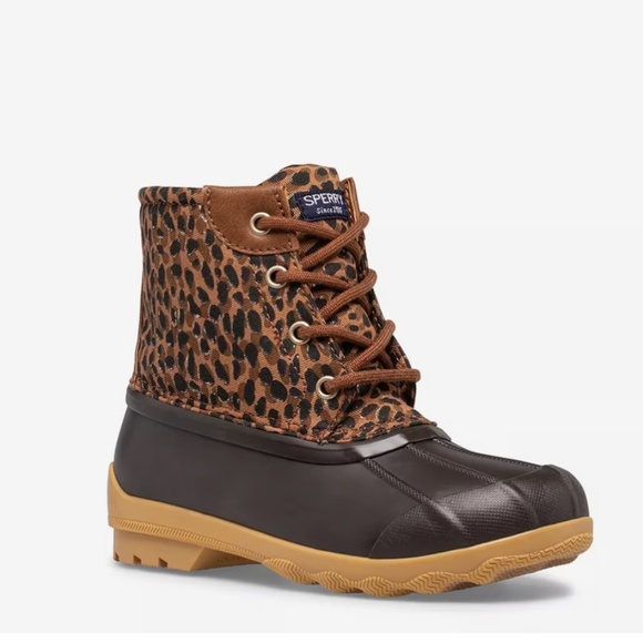 Girls Sperry Black and Brown Cheetah Print Port Duck Boot Size 9 - Picture 1 of 8